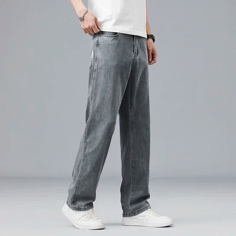 2026 New Summer Ultra-thin Lyocell Men's Jeans Drape Soft Fabric Loose Straight Casual Denim Pant Elastic Ice Silk Male Trousers ATFH