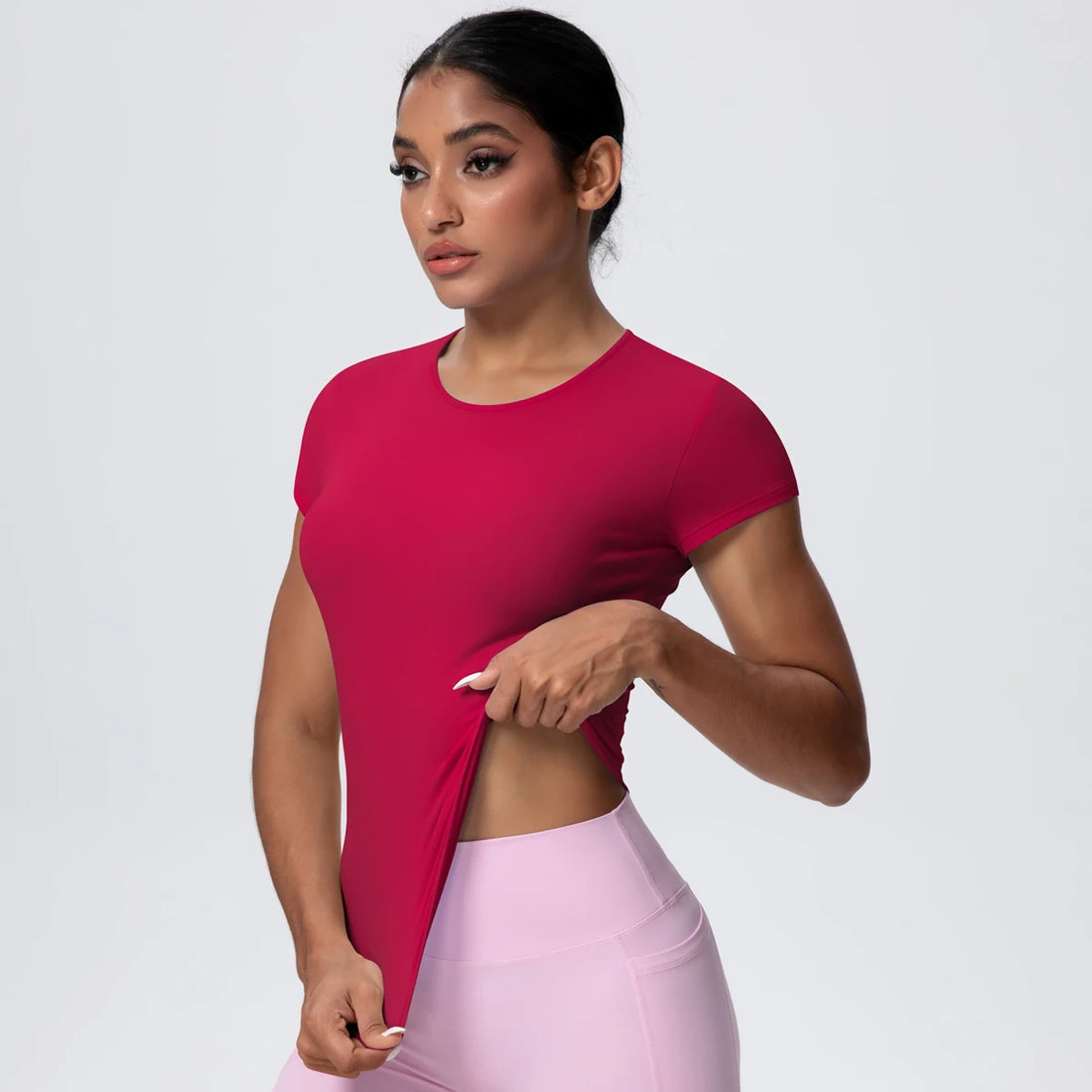 Woman Solid Color Workout Top T-Shirt Quick Drying Breathable Short Sleeve Gym Sports Running Slim Casual Yoga Top Clothing - ATFH