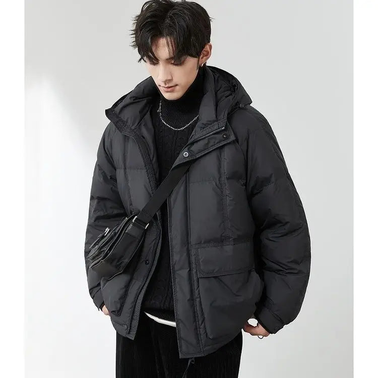 Solid Color Down Jackets Men's Short Style 2025 Winter New Loose Hooded Coats Male Lightweight White Duck Down Overcoats W765