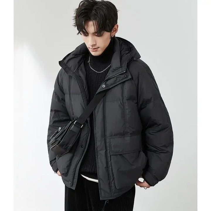 Solid Color Down Jackets Men's Short Style 2025 Winter New Loose Hooded Coats Male Lightweight White Duck Down Overcoats W765