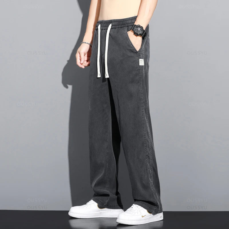 Summer Thin Soft Lyocell Fabric Jeans Men Loose Straight Wide Leg Pants Drawstring Elastic Waist Casual Trousers Plus Size M-5XL ATFH