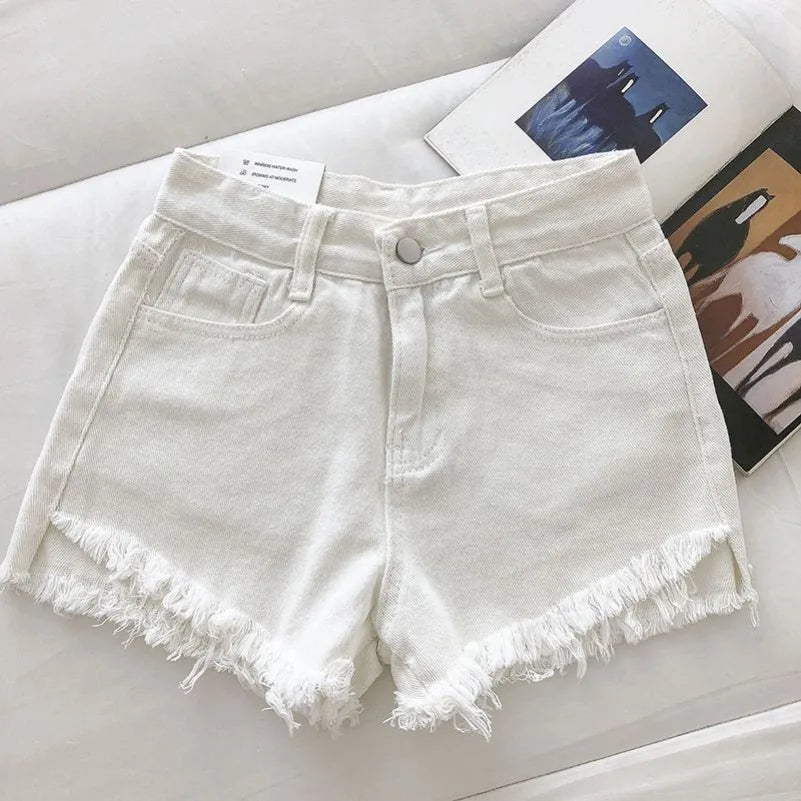 New Summer Women High Wiast Raw Hem Denim Shorts Soild White Black Blue Korean Wide Leg Pants Mon Shorts DURIKIES ATFH