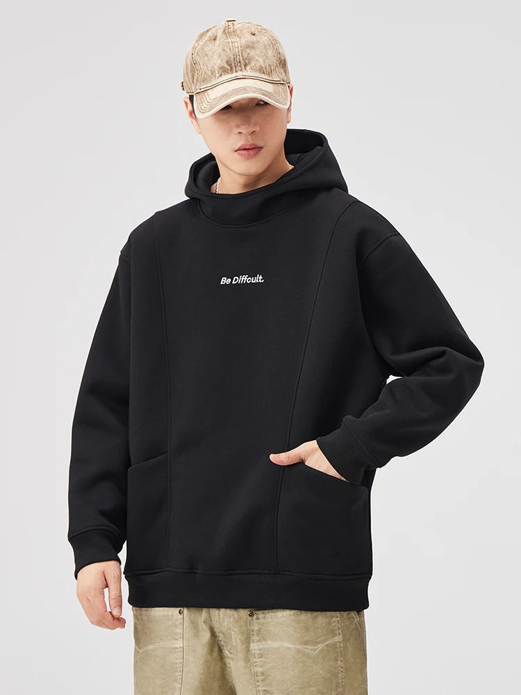 400GSM Cotton Men's Hoodies Letter Embroidery Front Pockets Pullover Hoody Tops Loose Fit - ATFH