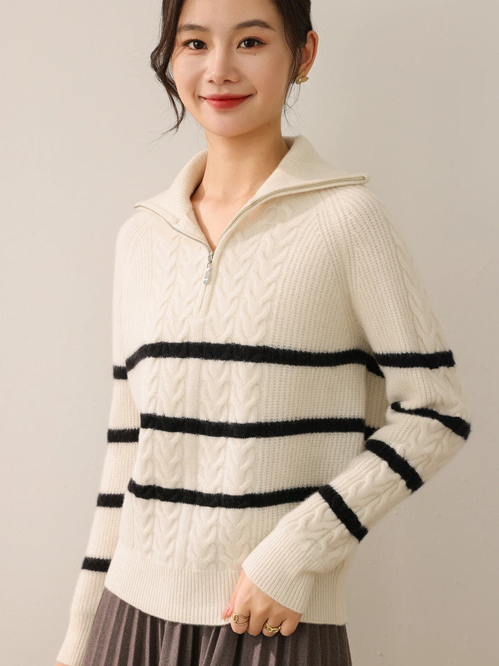 Women 100% Merino Wool Half Zipper Twisted Flower Pullover Knitted Collar Striped Color Blocking Sweater Casual Thick Warm Tops - ATFH