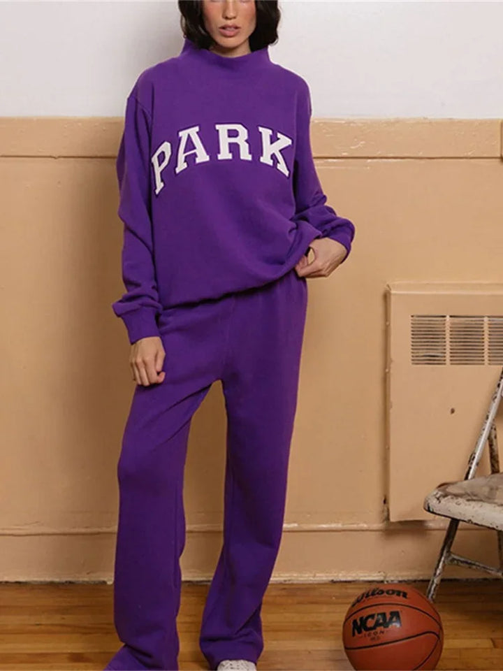 Purple Women Stand Collar Long Sleeve Cotton Sports Pullover Tops Letter Embroidery Sweatshirt - ATFH