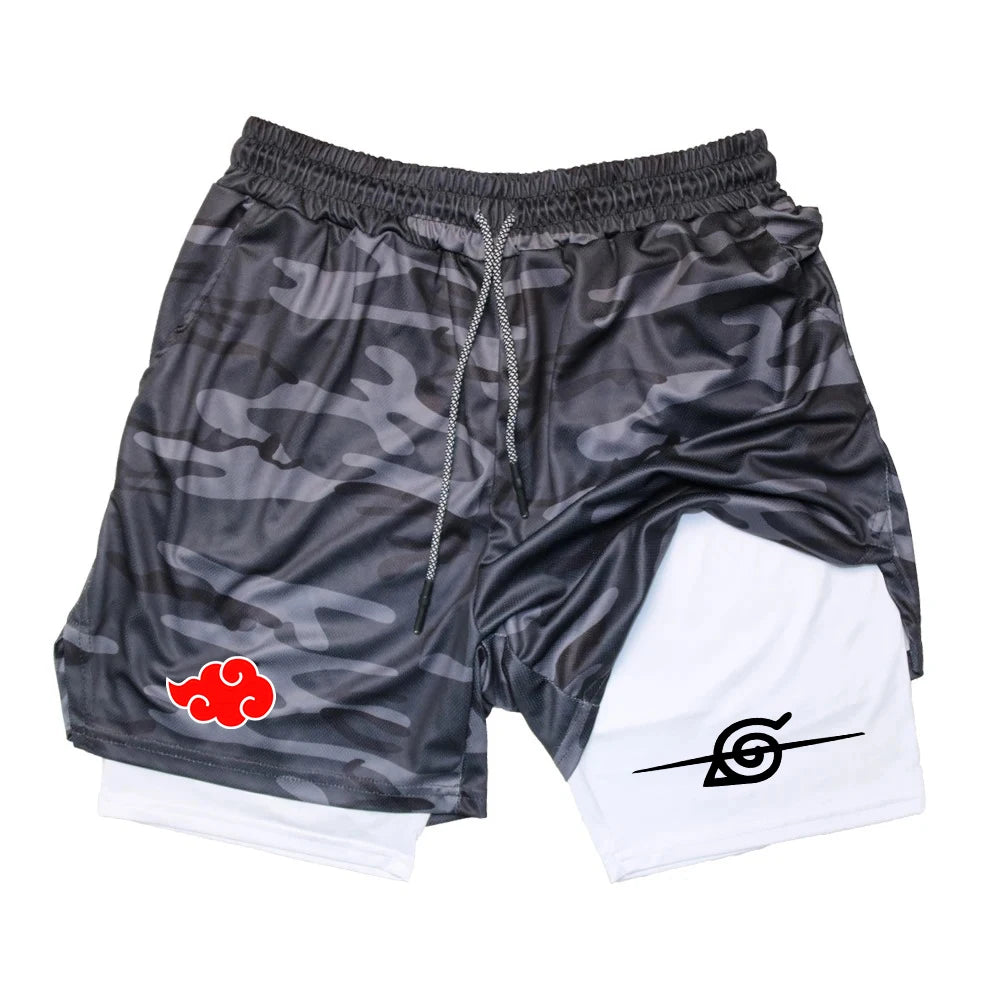Men Anime Double Layer Shorts Gym Workout Sports Multi-Performance Training Hip-hop Quick-Drying Jogging Pants Towel Y2k Fitness