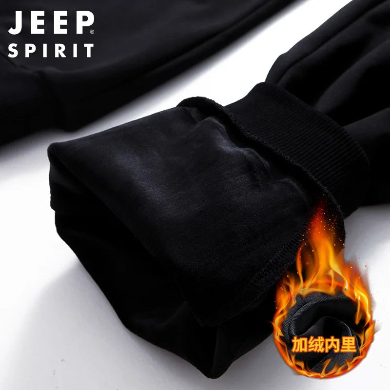 JEEP SPIRIT Suit Men Sweater Hoodie + Casual Trousers Sportswear Casual Autumn and Winter Plus Velvet Thick Warm Two-piece Set - ATFH