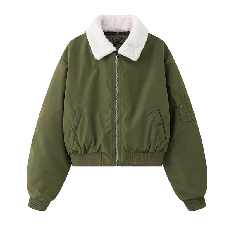 Long Sleeve Winter Short Jackets Loose Women's Cotton Padded Jackets 2025 New Detachable Wool Lapel Black Sport Parka Coat Trend ATFH