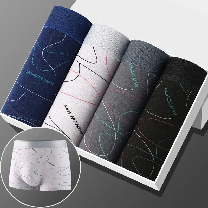 4Pcs/Lot Men's Underwear Sexy Boxer Comfortable Soft Fashion Trend Line Print Intimate Boxer 3D Pouch Sports Breathable Boxers