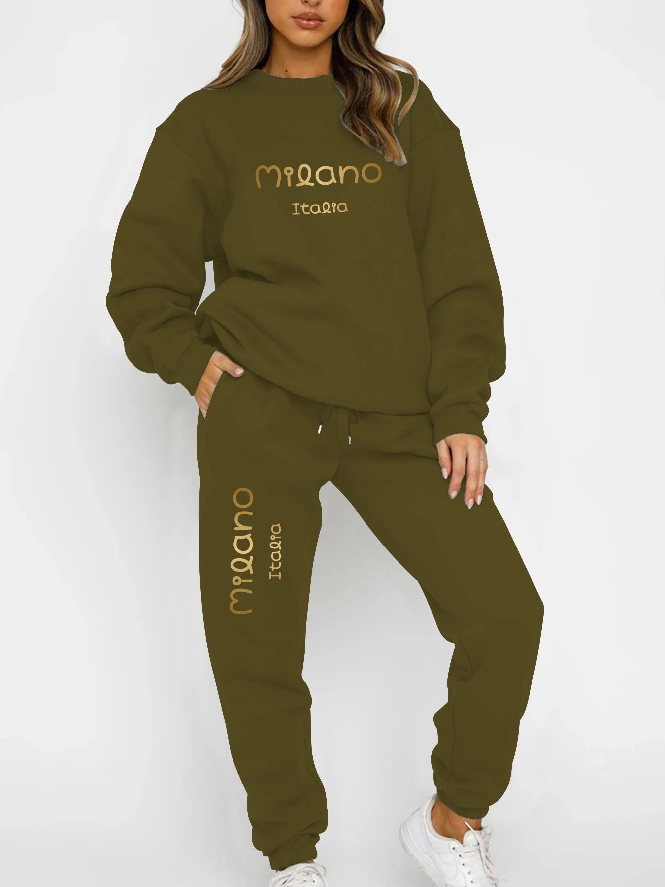 Autumn and Winter Essential Fleece-Lined Thickened Crewneck Sweatshirt Set, European and American Trendy Couple's Sweatshirt and Sweatpants Two-Piece Set, Women's Loose Oversize Sweatshirt + Long Pants, Long-Sleeve Regular Fi