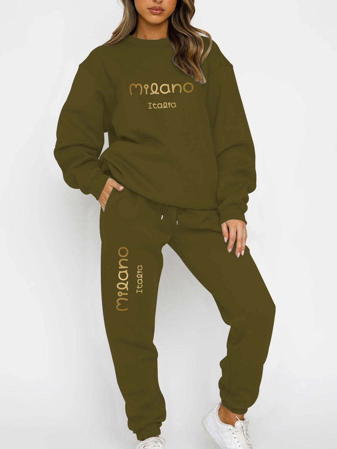 Autumn and Winter Essential Fleece-Lined Thickened Crewneck Sweatshirt Set, European and American Trendy Couple's Sweatshirt and Sweatpants Two-Piece Set, Women's Loose Oversize Sweatshirt + Long Pants, Long-Sleeve Regular Fi