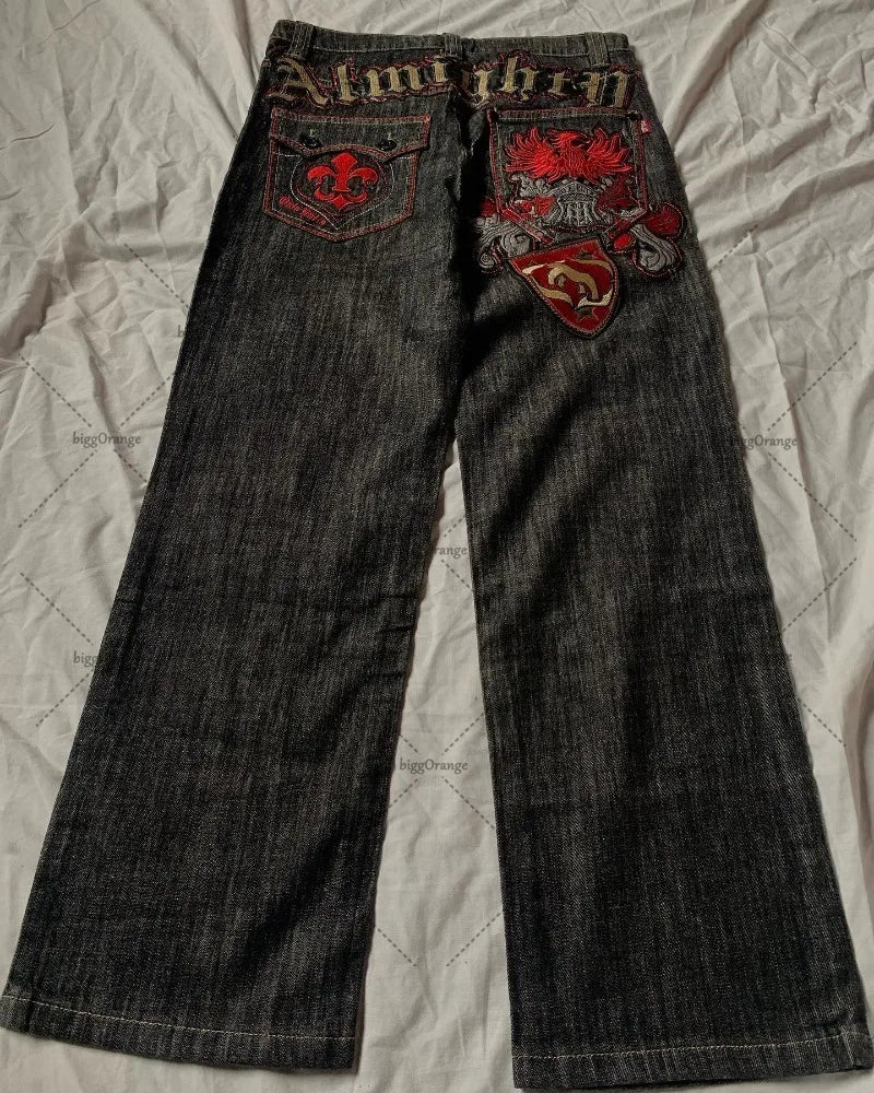 2026 Hip-hop gold coin jeans Y2K retro low waist wide leg zipper pants y2k clothing men's fashion embroidered loose jeans