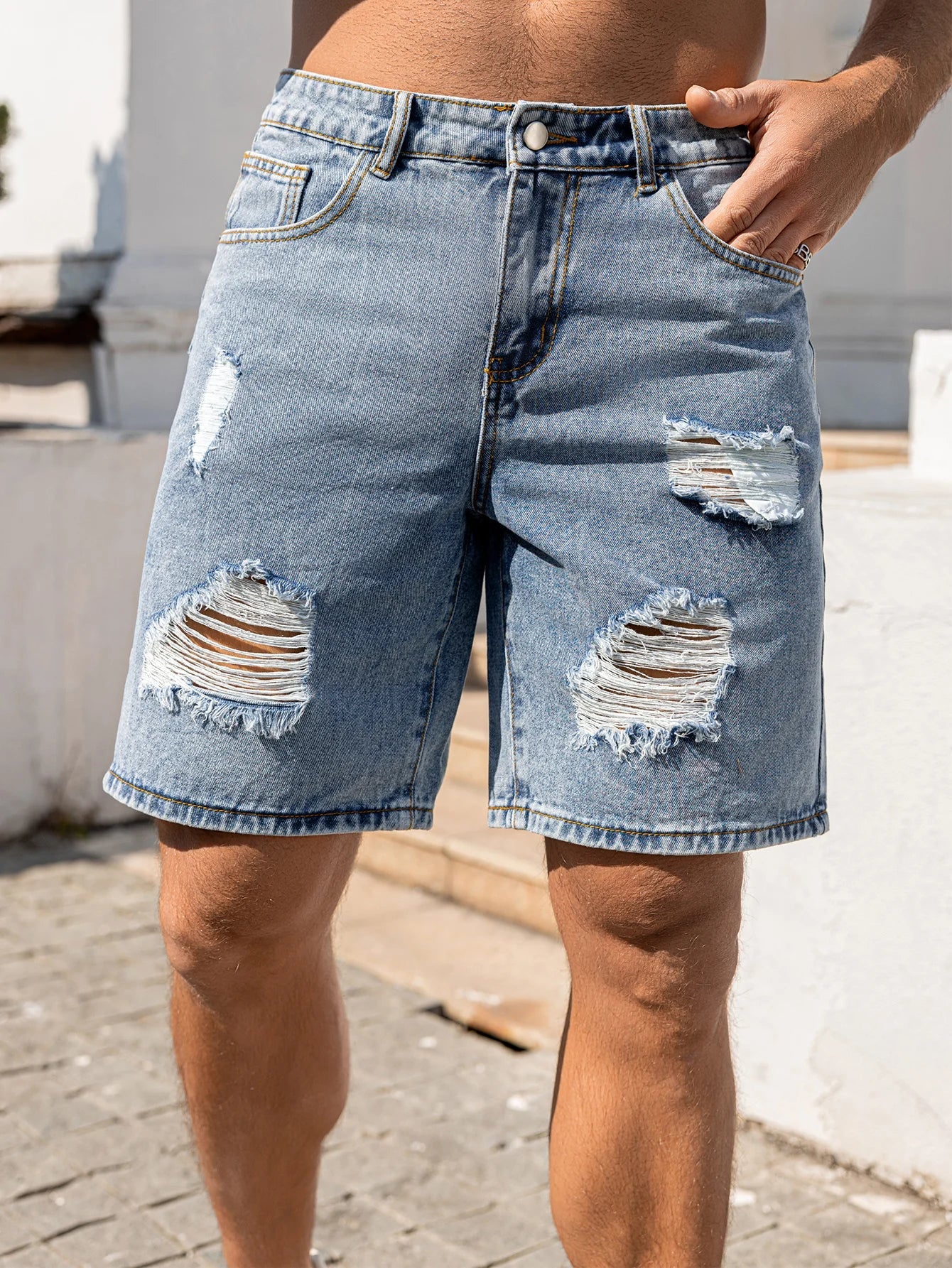 2026 Men's Summer Loose Fit Blue Distressed Denim Shorts All Occasion Wear Casual/Party/Vacation Versatile Trendy Men's Pants Ripped Jeans Size XS-XL ATFH
