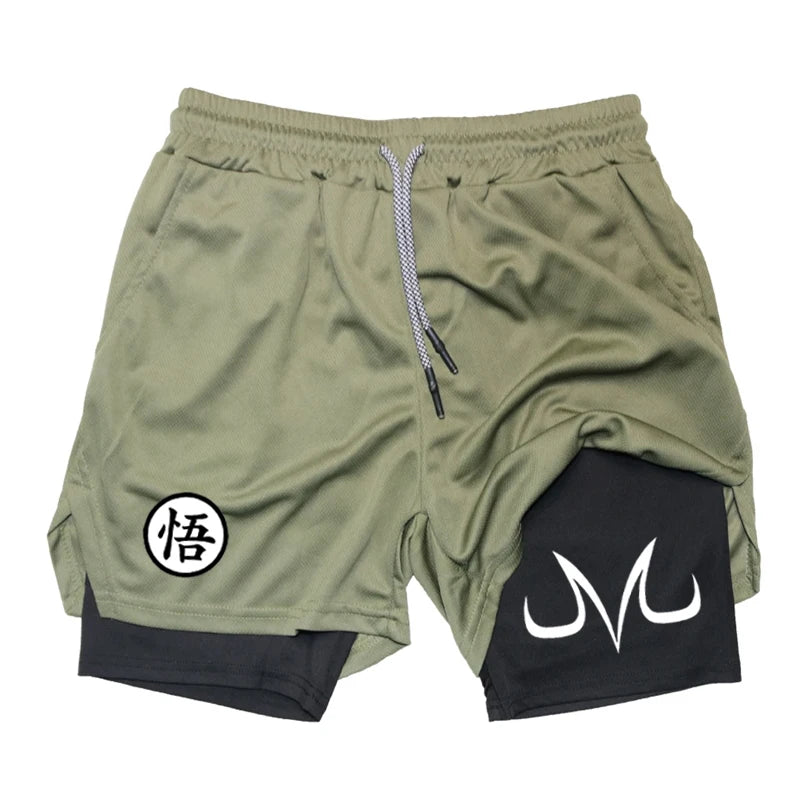 Fashionable men's printed fitness shorts, casual gym exercise, sports, quick drying knitting, double-layer, 2-in-1, summer, bran