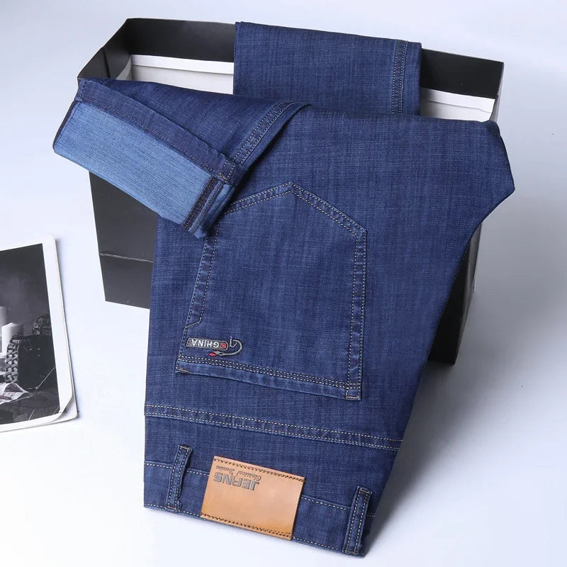 New Ice Silk Thin Denim Jeans For Men Blue Straight Stretch Cotton Pants Business Casual Lightweight Trousers Spring Summer ATFH
