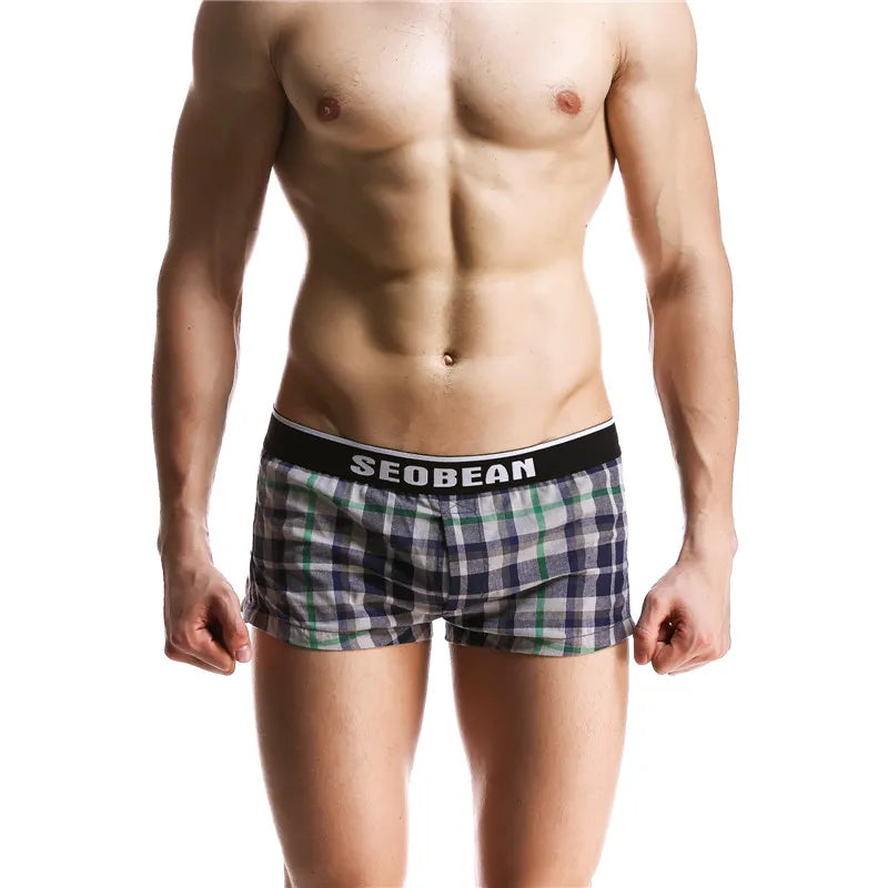 SEOBEAN Classic Plaid Mens Boxer Shorts 100% Cotton Underwear Boxershorts U convex Pouch Arrow Panties Shorts Men Sleep Bottoms