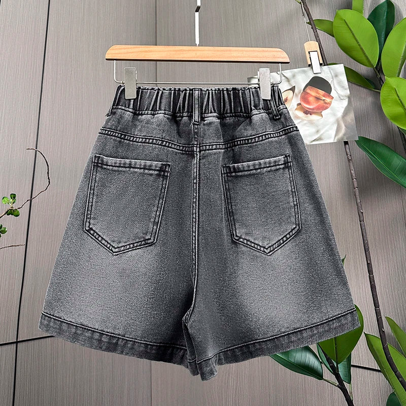 L-6XL Plus Size Denim Shorts For Women Summer 2025 High Waist Black Loose Wide Leg Short Jeans Women Star Large Size Short Jeans ATFH