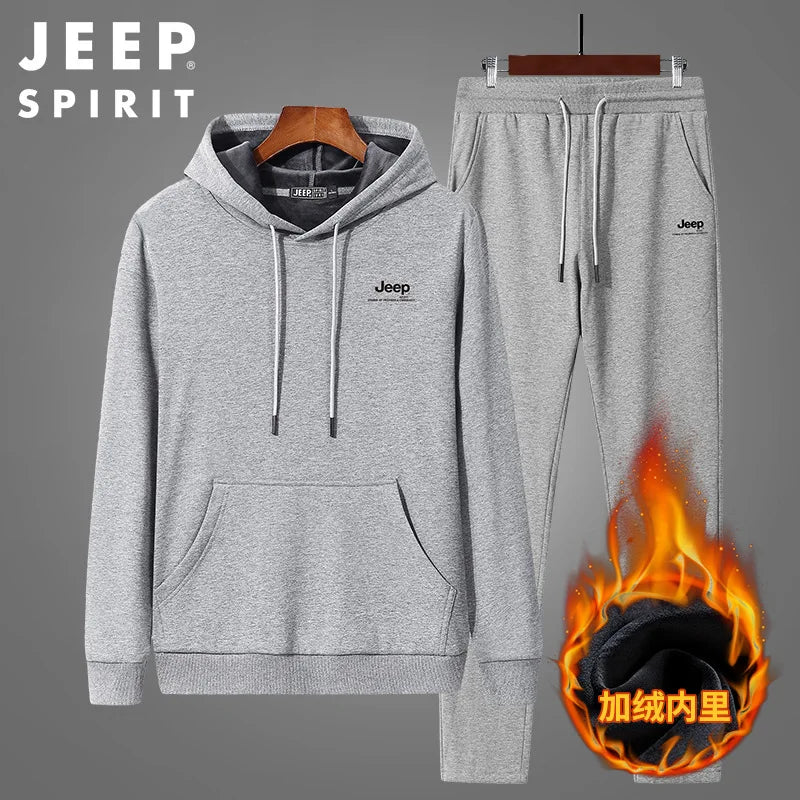 JEEP SPIRIT Suit Men Sweater Hoodie + Casual Trousers Sportswear Casual Autumn and Winter Plus Velvet Thick Warm Two-piece Set - ATFH