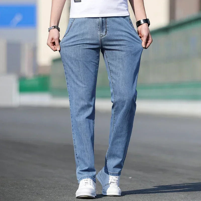 2025 Summer New Men's Loose Gray Jeans Fashion Casual Stretch Straight-leg Denim Pants Male Light Blue Men's Trousers ATFH
