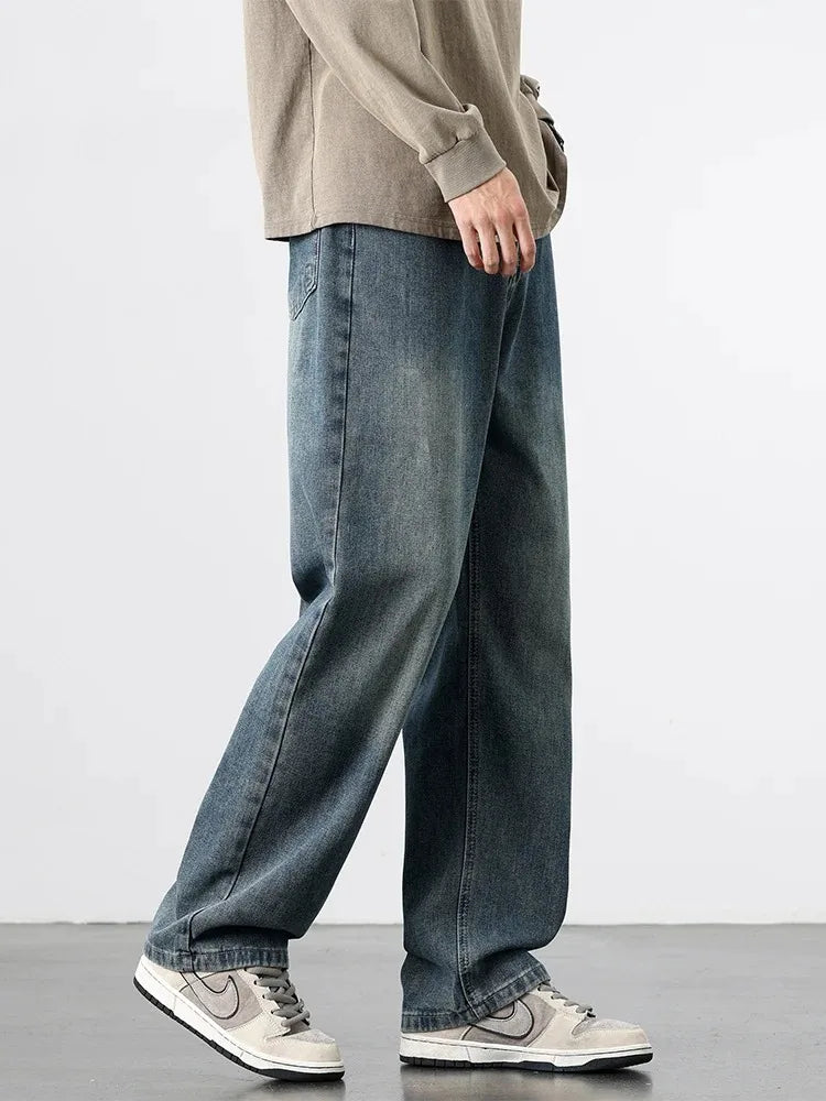 Spring Autumn American Retro Straight Jeans Men Streetwear Korean Fashion Loose Baggy Wide Leg Denim Pants Male Casual Trousers ATFH