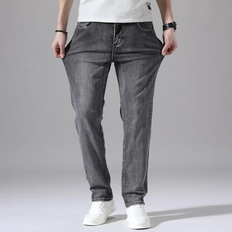 Cotton Stretch Jeans Business Casual Men's Thin Denim Jeans Grey Spring Summer Brand New Fit Straight Lightweight ATFH