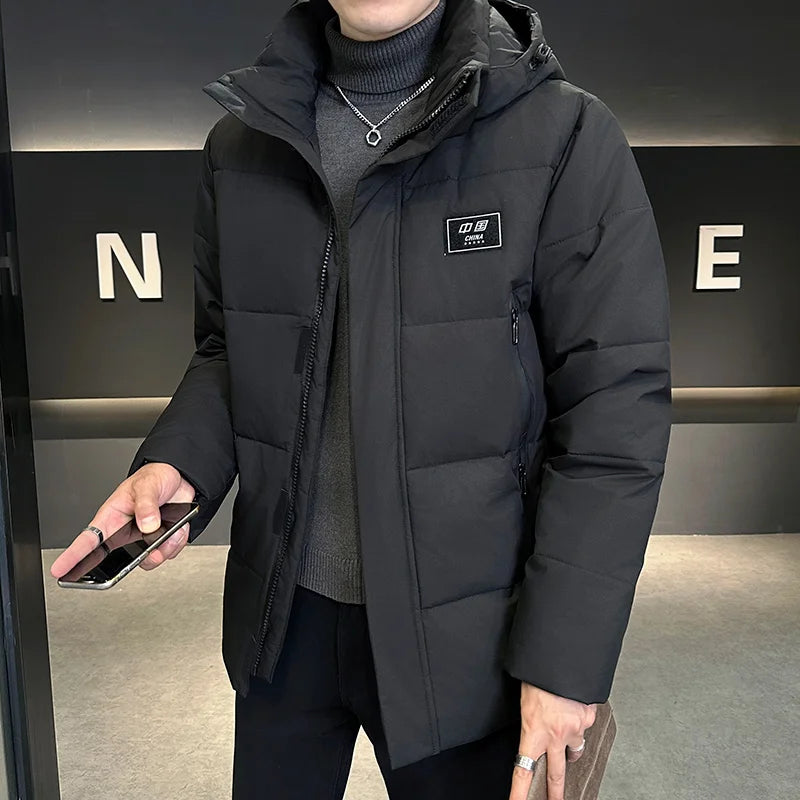 Couples Winter Outdoor Hiking Windproof Warm Fashion Trend Casual Hooded Jacket Solid Color White Duck Down Down Jacket