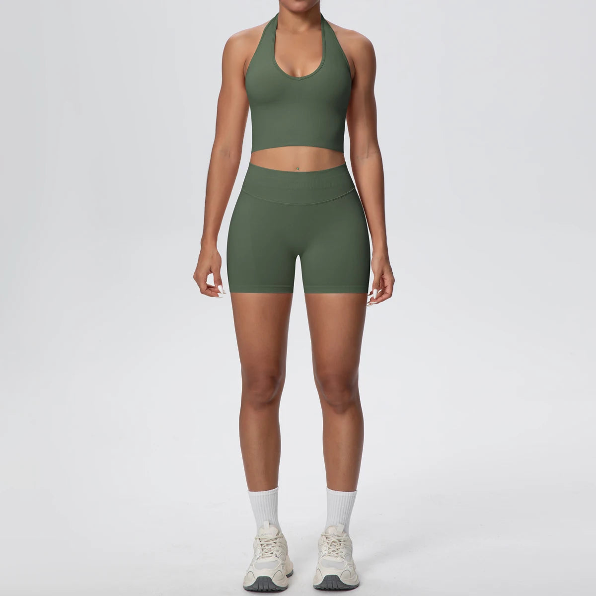 2pcs Summer Breathable Yoga Set Backless Sportswear Solid Color Sexy Neck Strap Bra Quick-Dry High Waist Shorts Yoga Set - ATFH