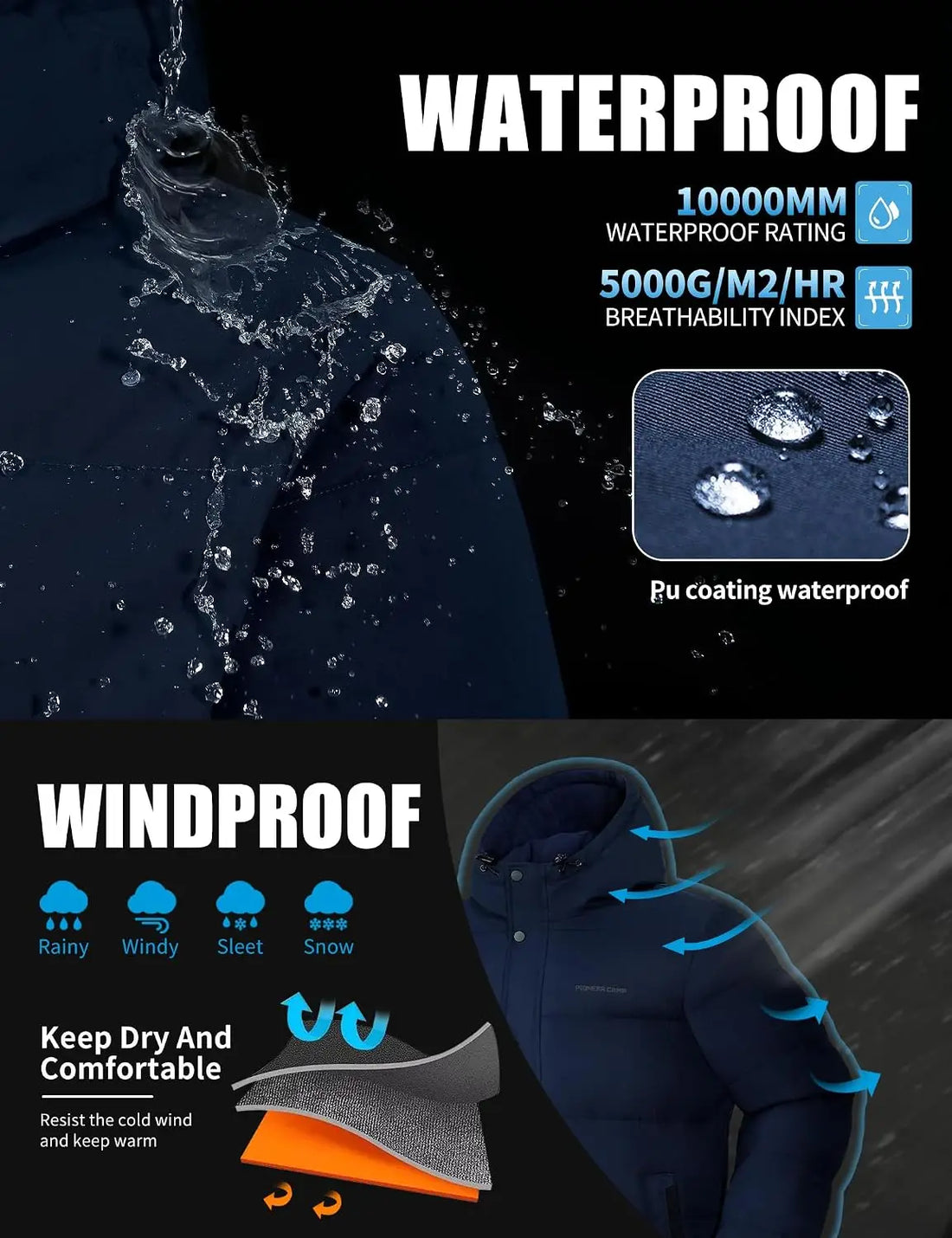 Pioneer Camp Mens Winter Coat Warm Winter Puffer Jacket Waterproof Thicken Insulated Windproof Hooded Down Quilted Coat