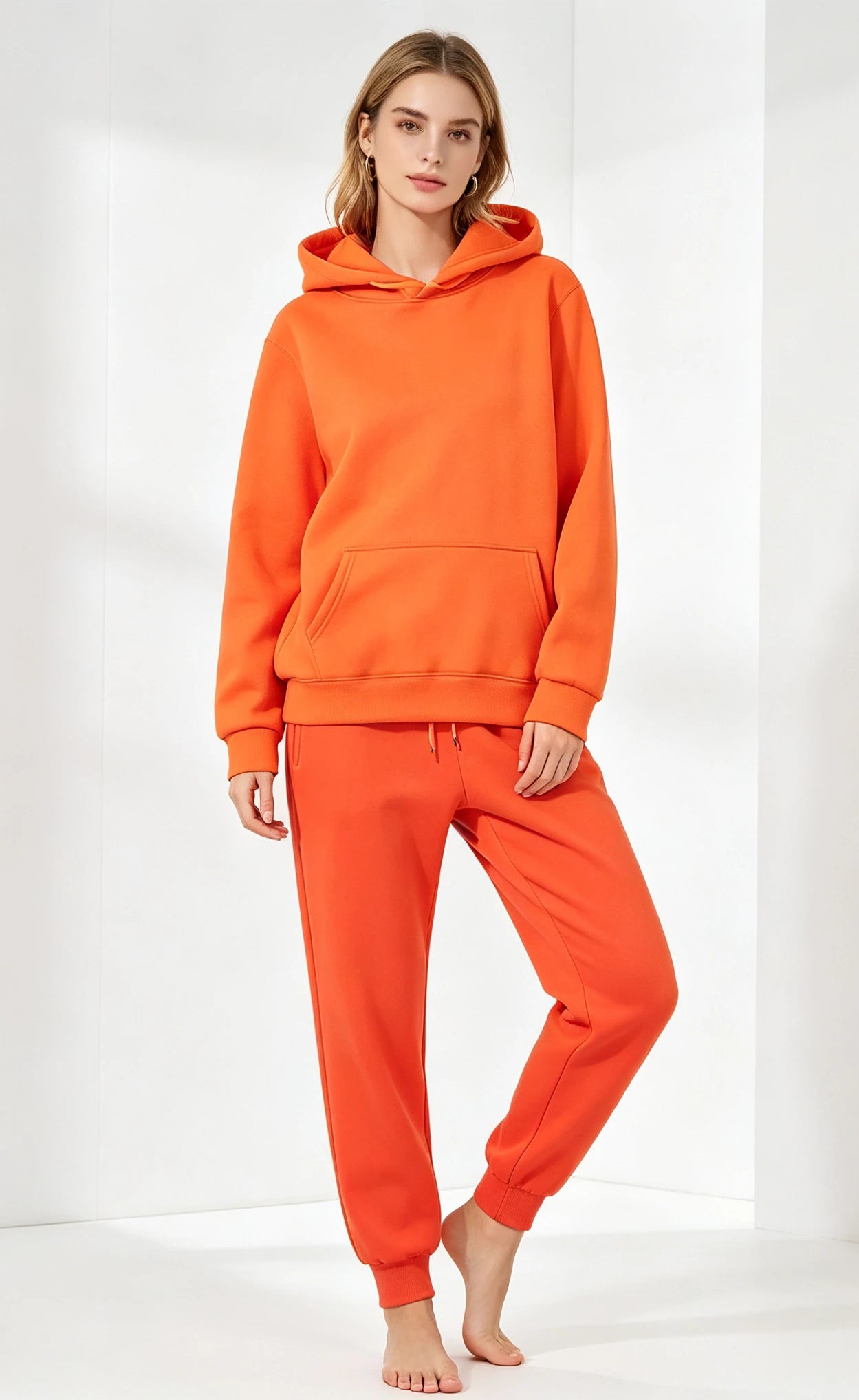Women's Autumn and Winter Solid Color Minimalist Two-piece Set Hooded Sweat Casual Drawstring Leg Sweat Pants Home Suit