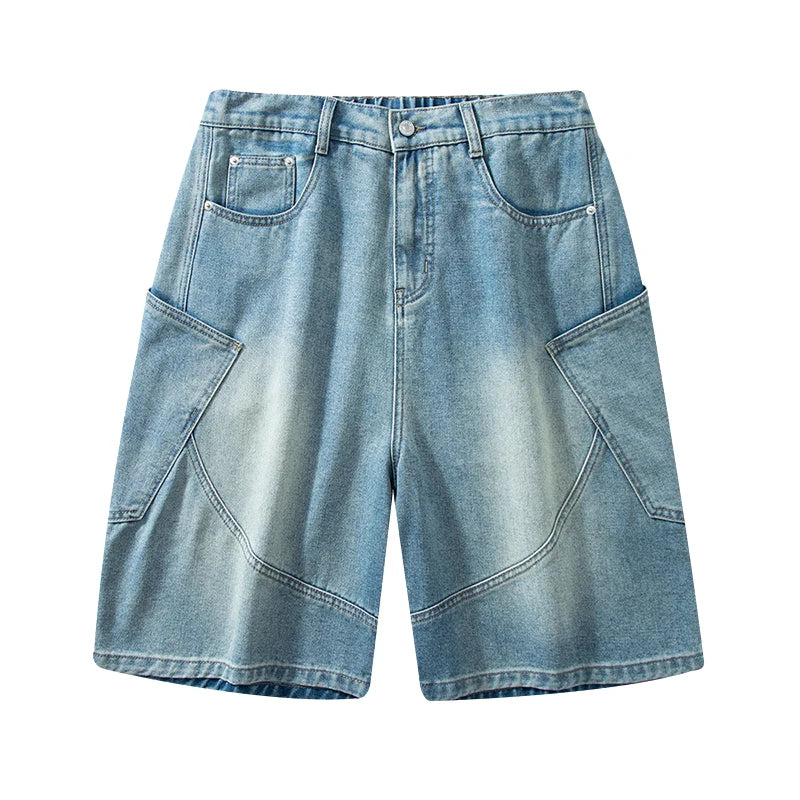 Summer New Baggy Denim Shorts Fashion Casual Straight Harajuku Jeans Male Vintage Wash Drawstring Short Pants Streetwear ATFH