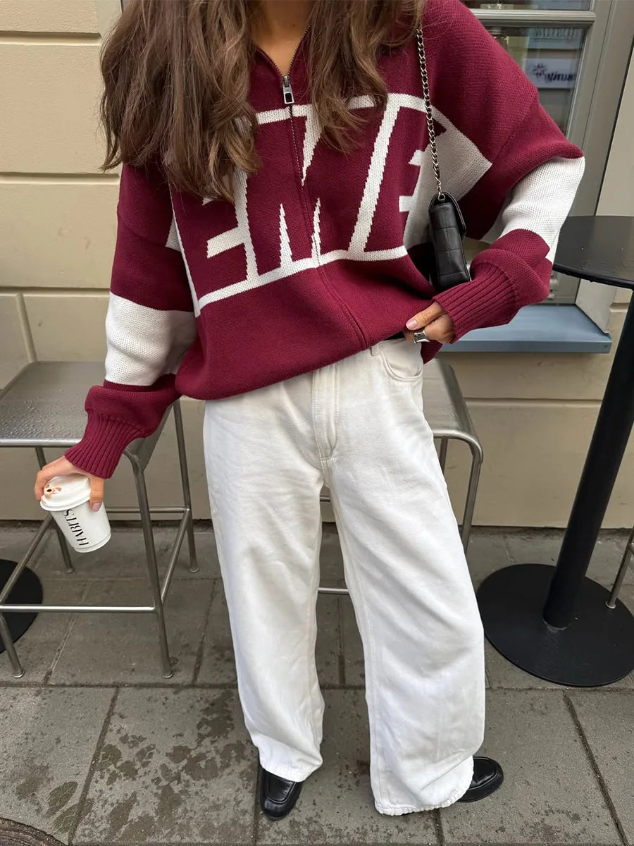 Blubelle New Autumn Winter Women's Knit Sweater Cardigan Collar Design Loose Letter Print Fit Lazy Style Jumpers - ATFH