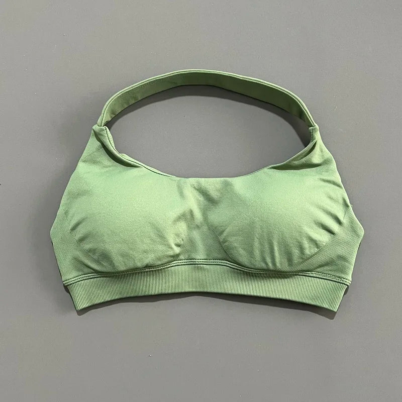 Histello Sports Bra Women Seamless Halter Clothes Neck Strap Padded Yoga Top Gym Backless Bra Running Sportswear Workout Tops - ATFH