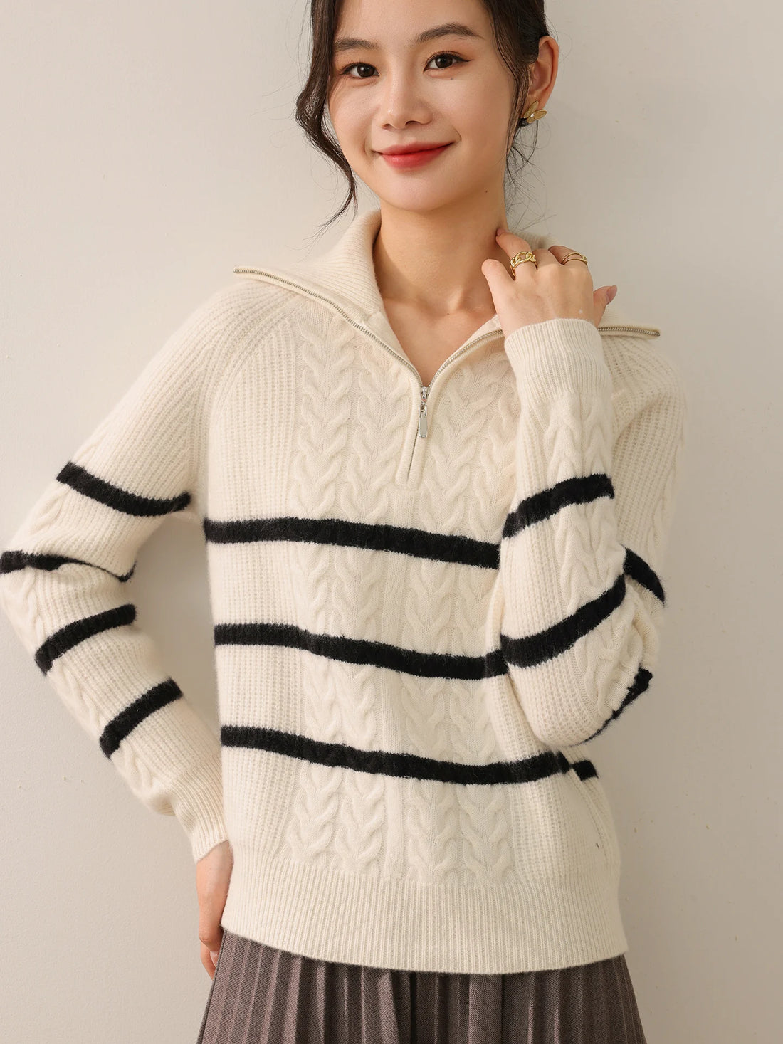 Women 100% Merino Wool Half Zipper Twisted Flower Pullover Knitted Collar Striped Color Blocking Sweater Casual Thick Warm Tops - ATFH