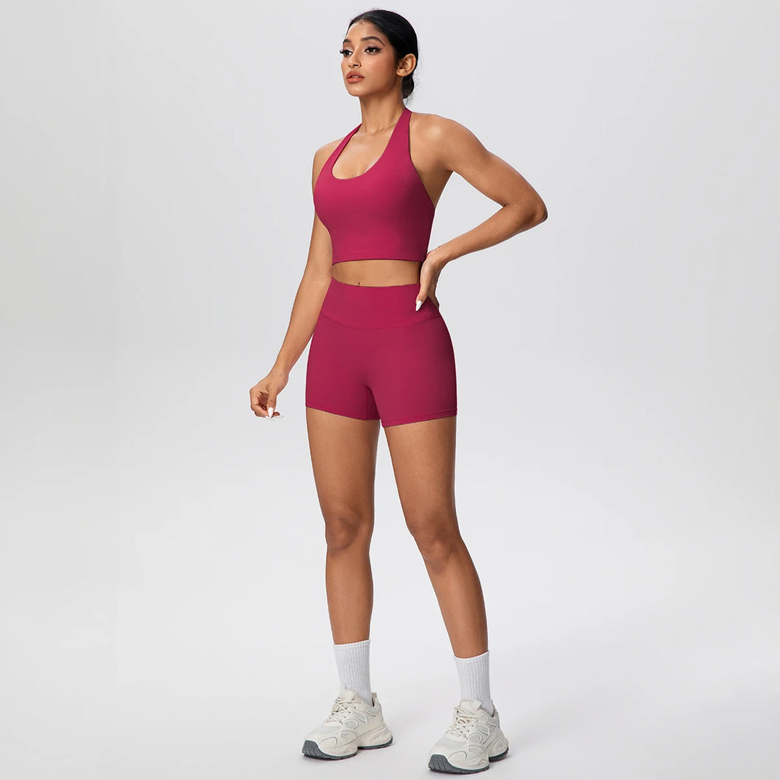 Woman Gym Yoga Set High Waisted Lifting Buttocks Sports Yoga Shorts Breathable Sexy Beautiful Back Halter Bra Chest Pad Yoga Set - ATFH