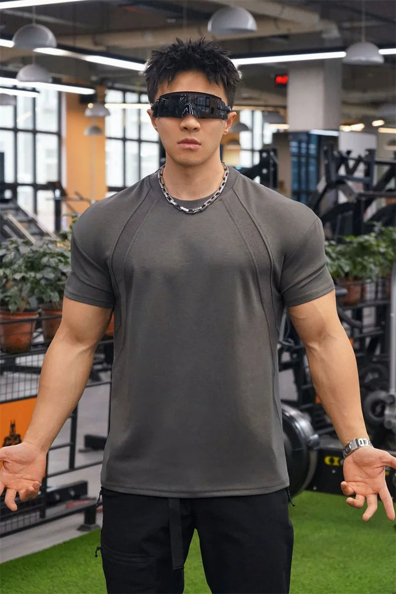 New Summer Leisure Running T-shirt Gym Training tops Elastic Quick Drying pure color Short sleeve sports T-shirt Men sportswear