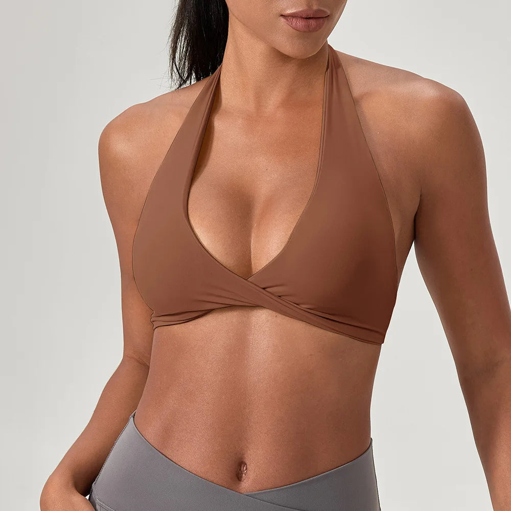 Strappy Bra for Women Open Back Halter Sports Bra Light Support Gym Crop Top Seamless Workout Yoga Top Bra Padded Bras - ATFH