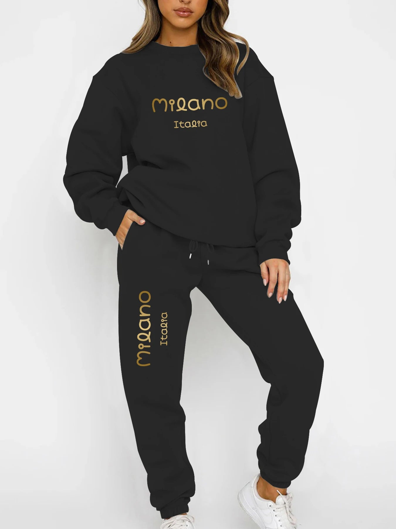 Autumn and Winter Essential Fleece-Lined Thickened Crewneck Sweatshirt Set, European and American Trendy Couple's Sweatshirt and Sweatpants Two-Piece Set, Women's Loose Oversize Sweatshirt + Long Pants, Long-Sleeve Regular Fi