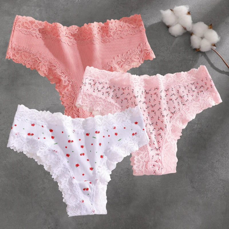 3Pcs Cotton Lace Patchwork Bikini Panties Women Seamless Floral Print Brazilian Pants Low Waist Breathable Female Sexy Lingerie