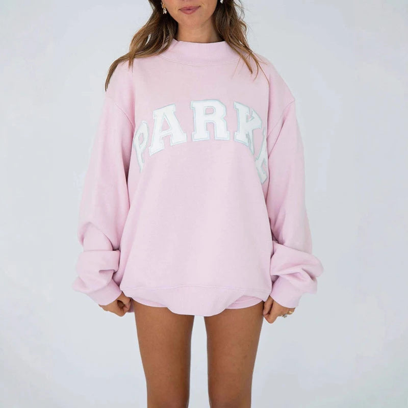 Winter New Arrival North American Niche Letter Applique Embroidered Light Pink Loose Women's Sweatshirt - ATFH
