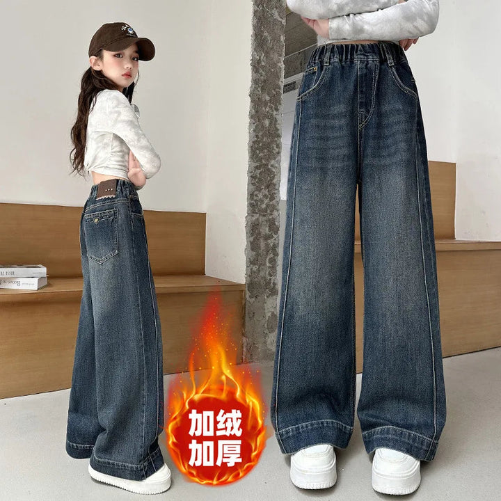 New Girls Fleece Lined Jeans Autumn Winter Thick Warm Kids Straight Leg Trousers Children's All-In-One polar fleece Denim Pants ATFH