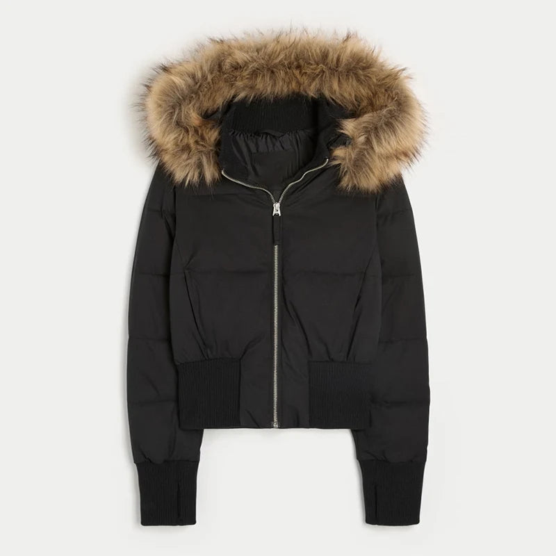 Fashion Faux Fur Hooded Cotton Jacket For Women Elegant Long Sleeve Zipper Coat Female 2026 Autumn Winter Warm Thicken Outerwear