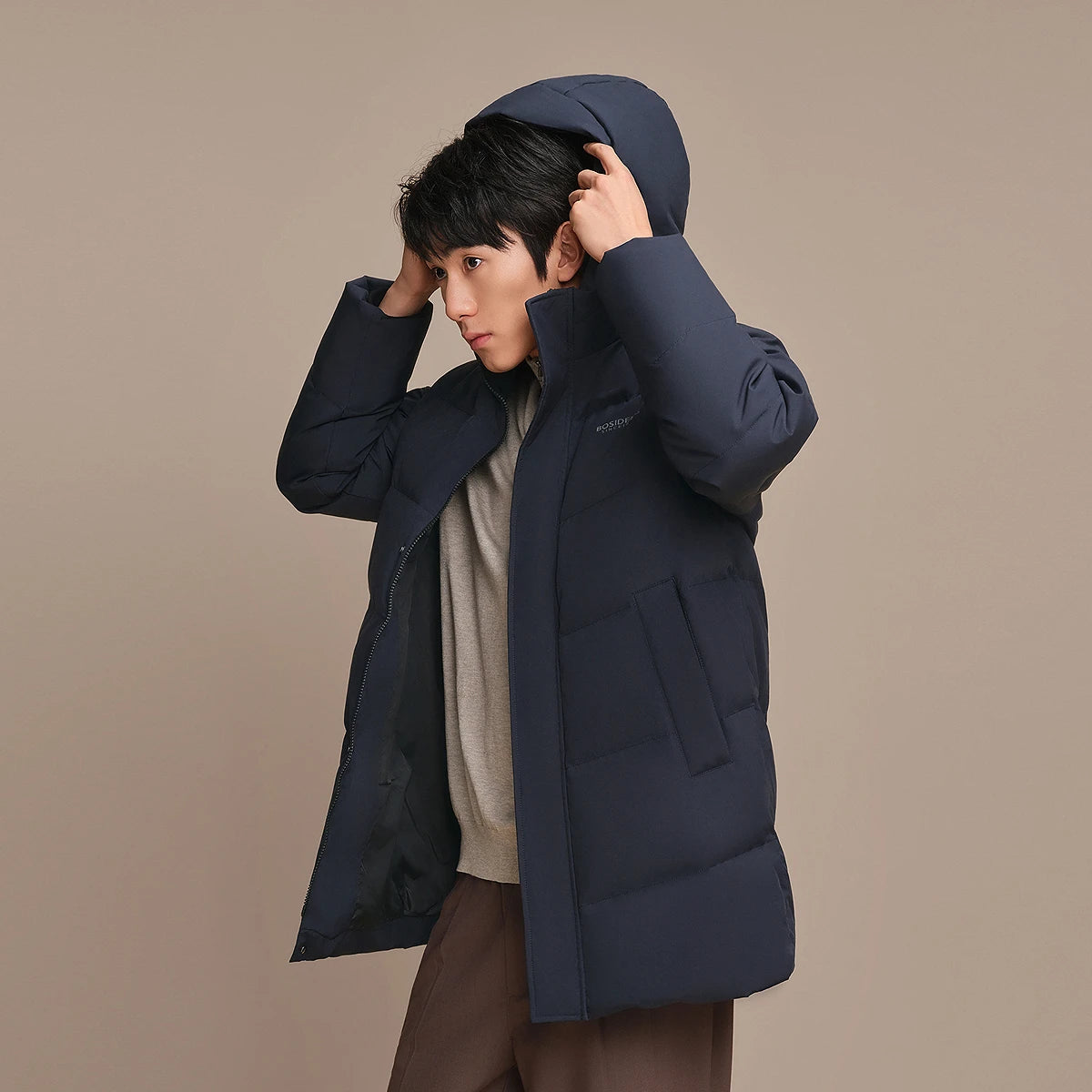 Bosideng Long Hooded Down Coat With Ribbed Cuffs Double Zipper And Side Pockets Windproof Warm Winter Jacket