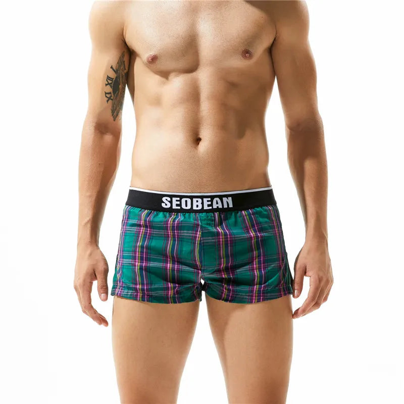 SEOBEAN Classic Plaid Mens Boxer Shorts 100% Cotton Underwear Boxershorts U convex Pouch Arrow Panties Shorts Men Sleep Bottoms