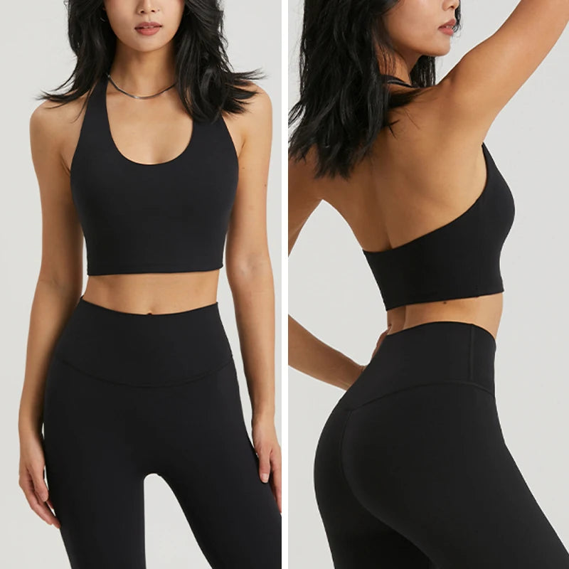New Women's 2 Piece Yoga Suits Breathable Shockproof Yoga Hanging Neck Sport Bra High Waist Lifts Hips Yoga Pants Sportswear - ATFH