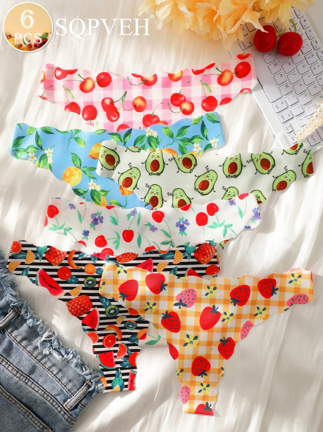 6Pcs Women's Fruits Print Seamless Thongs No Show Invisible Soft Stretch Ice Silk Multi-color Panties