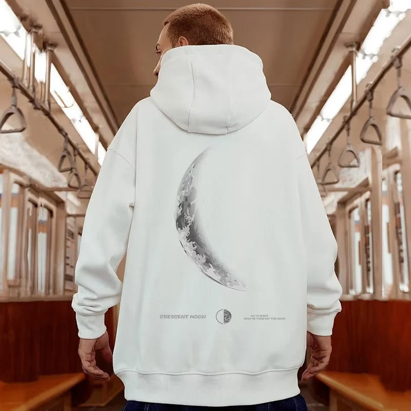 M-8XL American Style Street Crescent Print Oversized Hoodie Long-sleeve Loose Hoodie Student's Large Soft Velvet Hooded Sweater - ATFH
