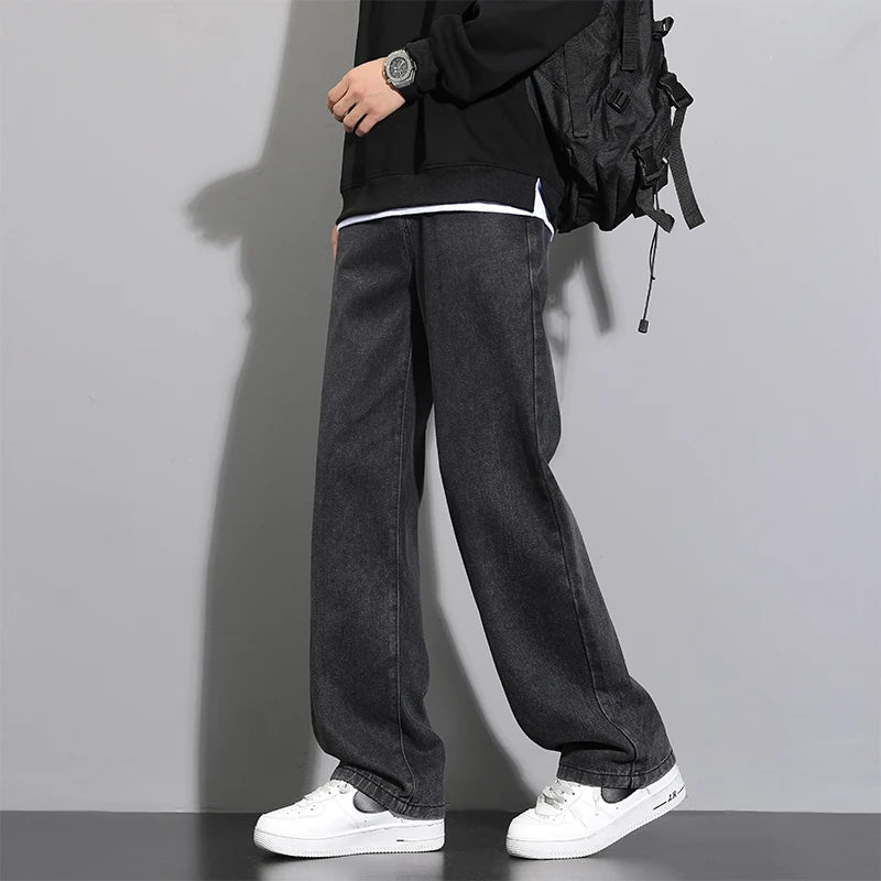 2026 New Korean Men's Casual Long Jeans Classic Man Straight Denim Wide-leg Pants Solid Color Light Blue Grey Black ATFH
