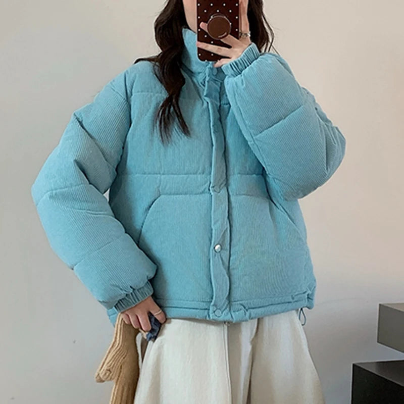 Aoaiiys Thicken Parkas Women Turtleneck Down Cotton Corduroy Jackets Simple Solid Single Breasted Outerwear Winter Clothes Woman