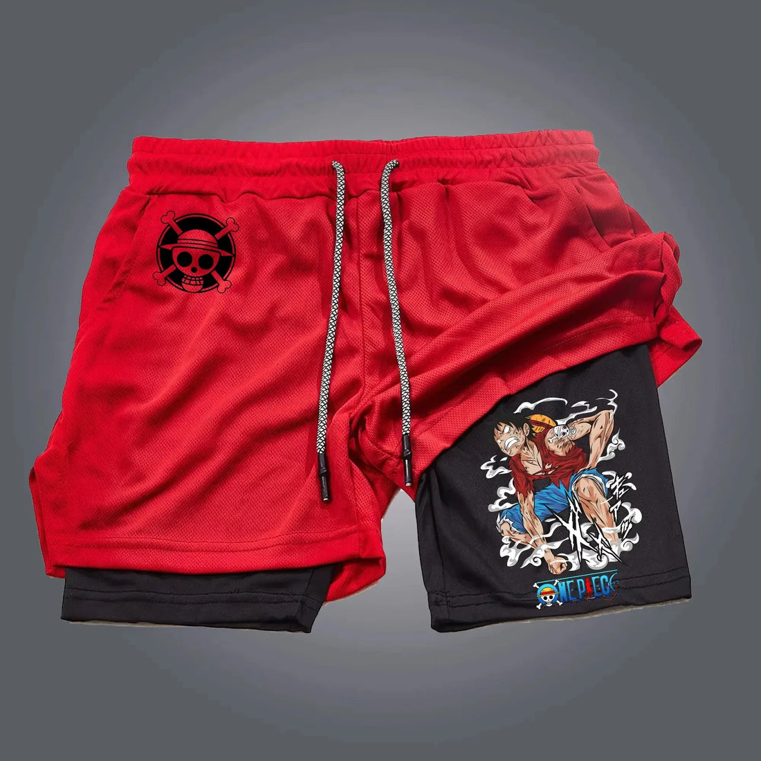 Bandai One Piece Luffy Printed Double-layer Shorts, Loose Men's and Women's Summer Sweat-wicking and Breathable Sports Shorts