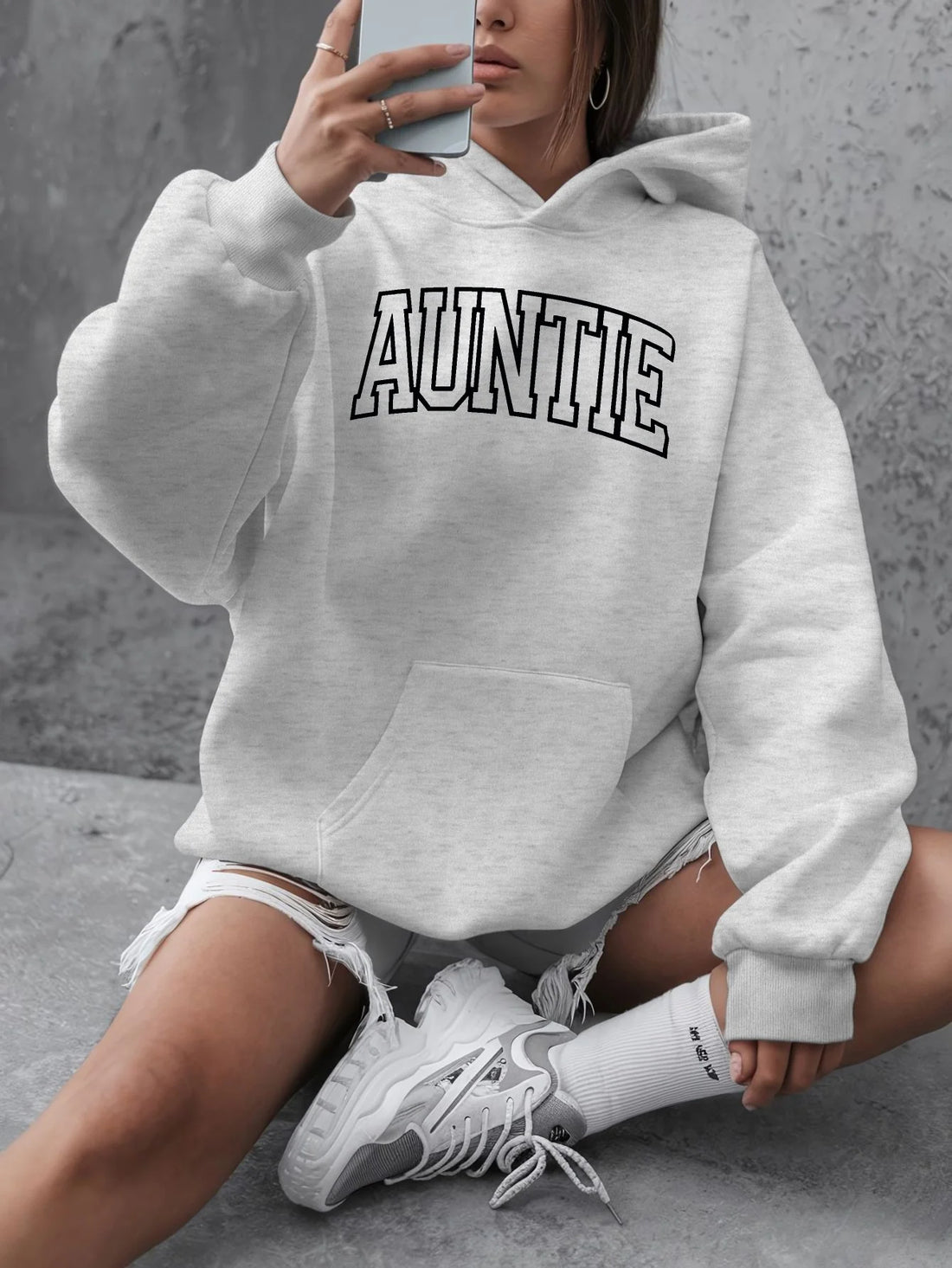 [Plus Size Hooded Sweatshirt] Women's Plus Size Casual Hooded Sweatshirt, "auntie" Print, Long Sleeve Pullover, Polyester 100% - ATFH